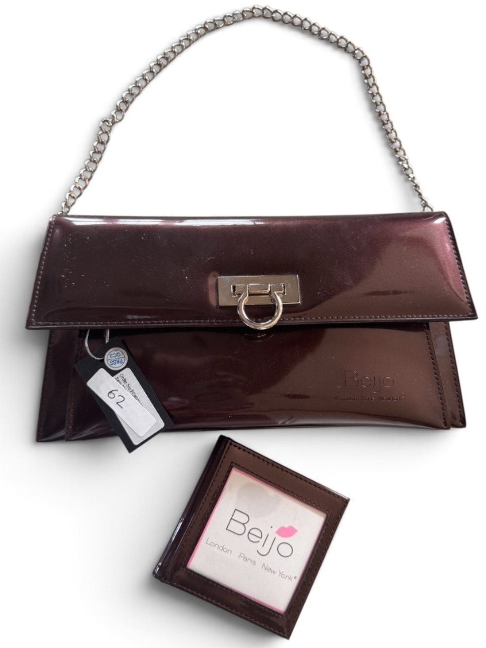 Beijo Patent Leather Clutch Shoulder Bag Plum Brown w/ Chain & Matching Card Hol
